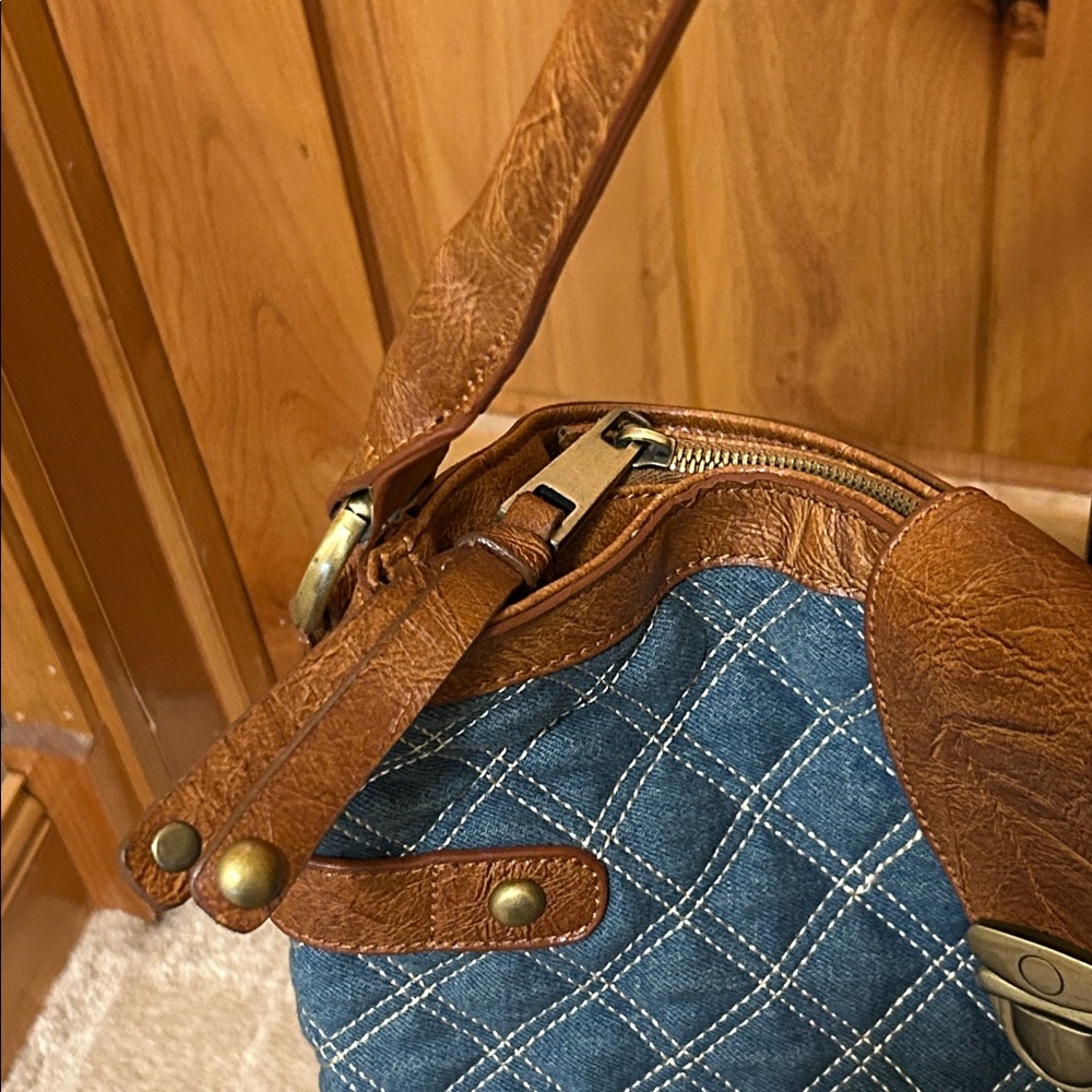 Denim and Faux Leather Diamond Stitched Hobo Style Bag - Picture 4 of 15